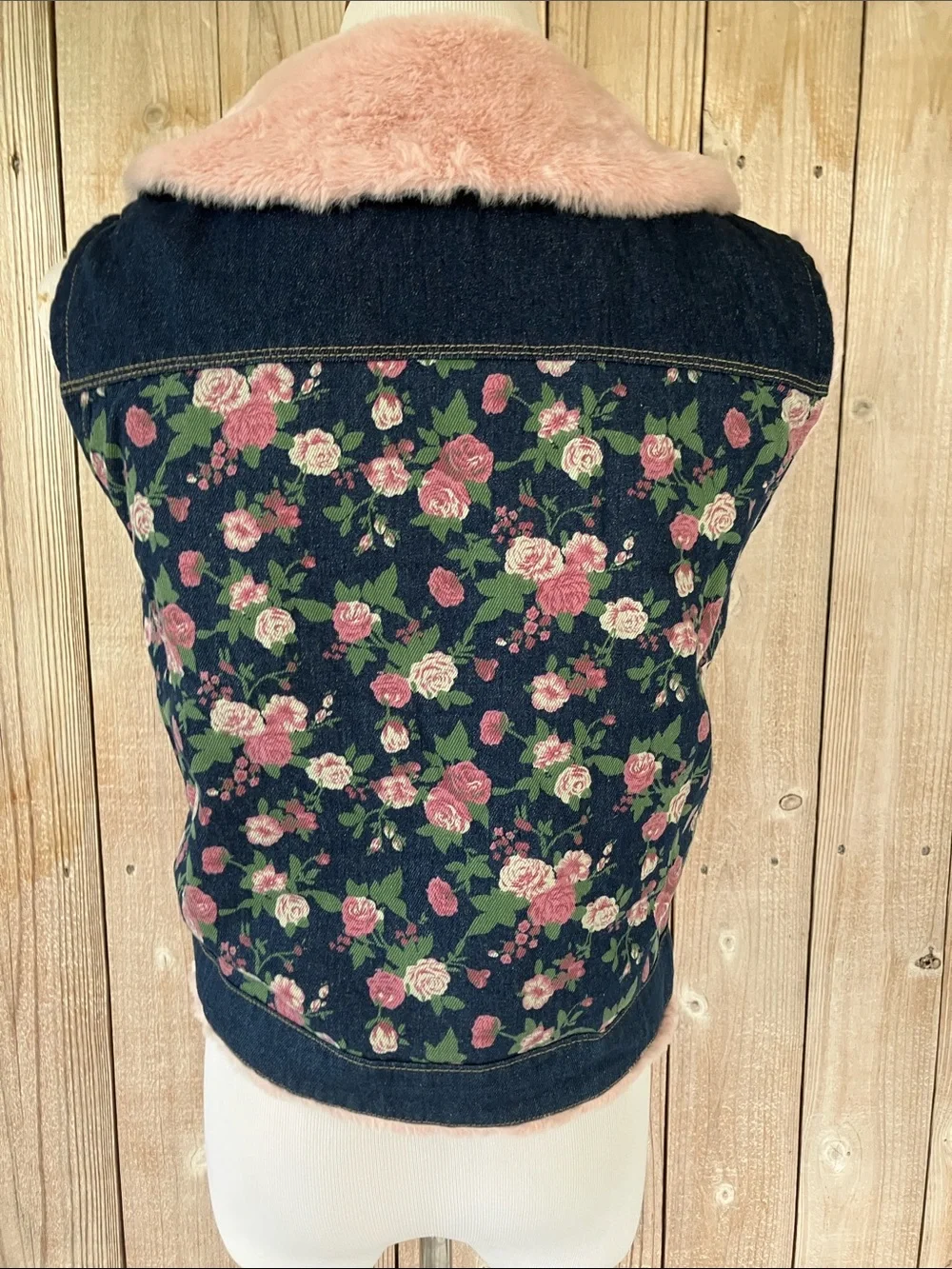Girls Floral Denim Vest with Pink Faux-Fur Trim